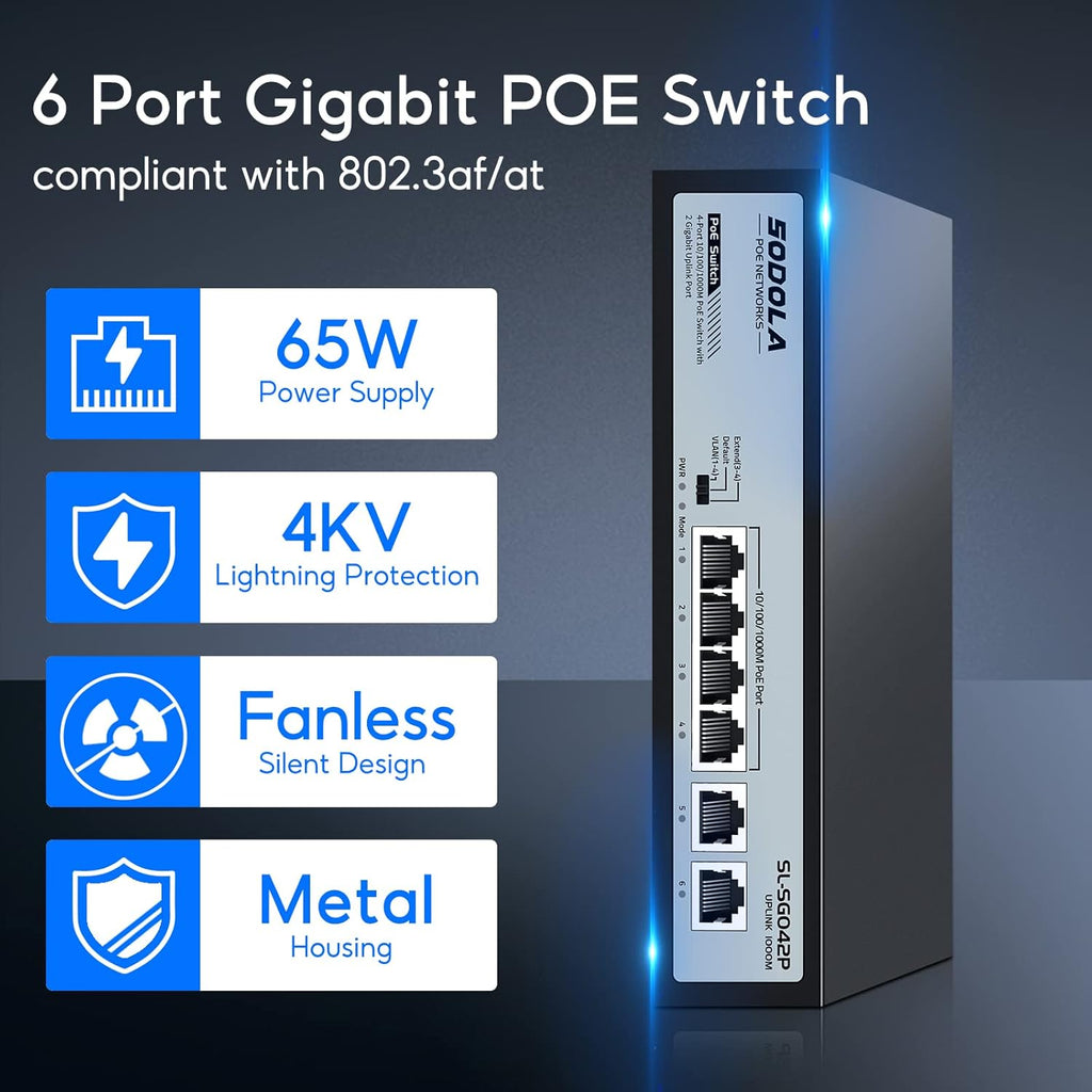 SODOLA 4 Port Gigabit PoE Switch with 2 Uplinks, AI Watchdog/Extend/Port Isolation, 802.3af/at,Plug & Play Unmanaged Network Switch