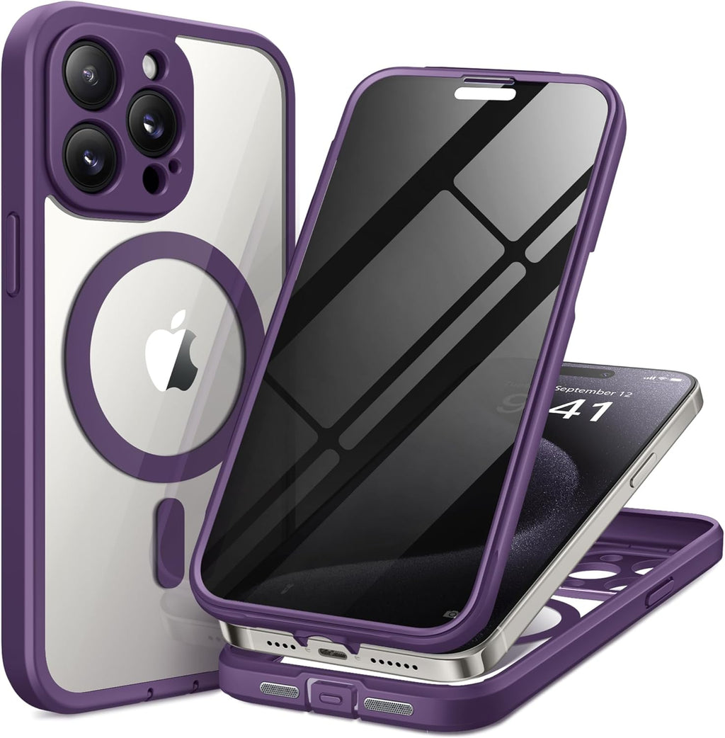 Magnetic for iPhone 15 Pro Max Case, Compatible with MagSafe, Built-in Privacy Screen Protector and Camera Protection, Anti Spy Full Body Dustproof Shockproof Hard Phone Case 6.7", Purple