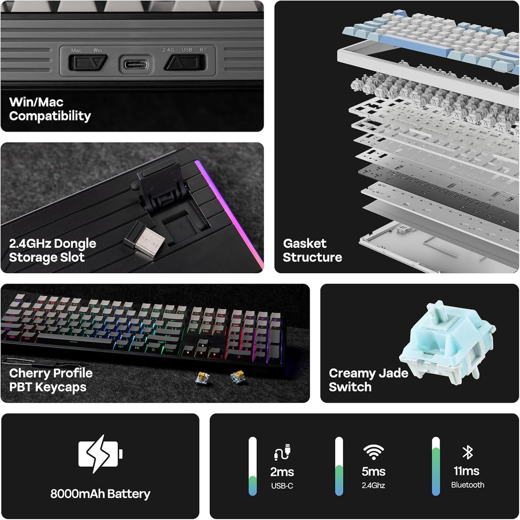 EPOMAKER TH108 Full Size Mechanical Keyboard, Wireless Gaming Keyboard with 8000mAh Battery, Creamy Gasket, 108 Keys, Hot Swap, Custom Driver, RGB Backlight (Black, Creamy Jade)