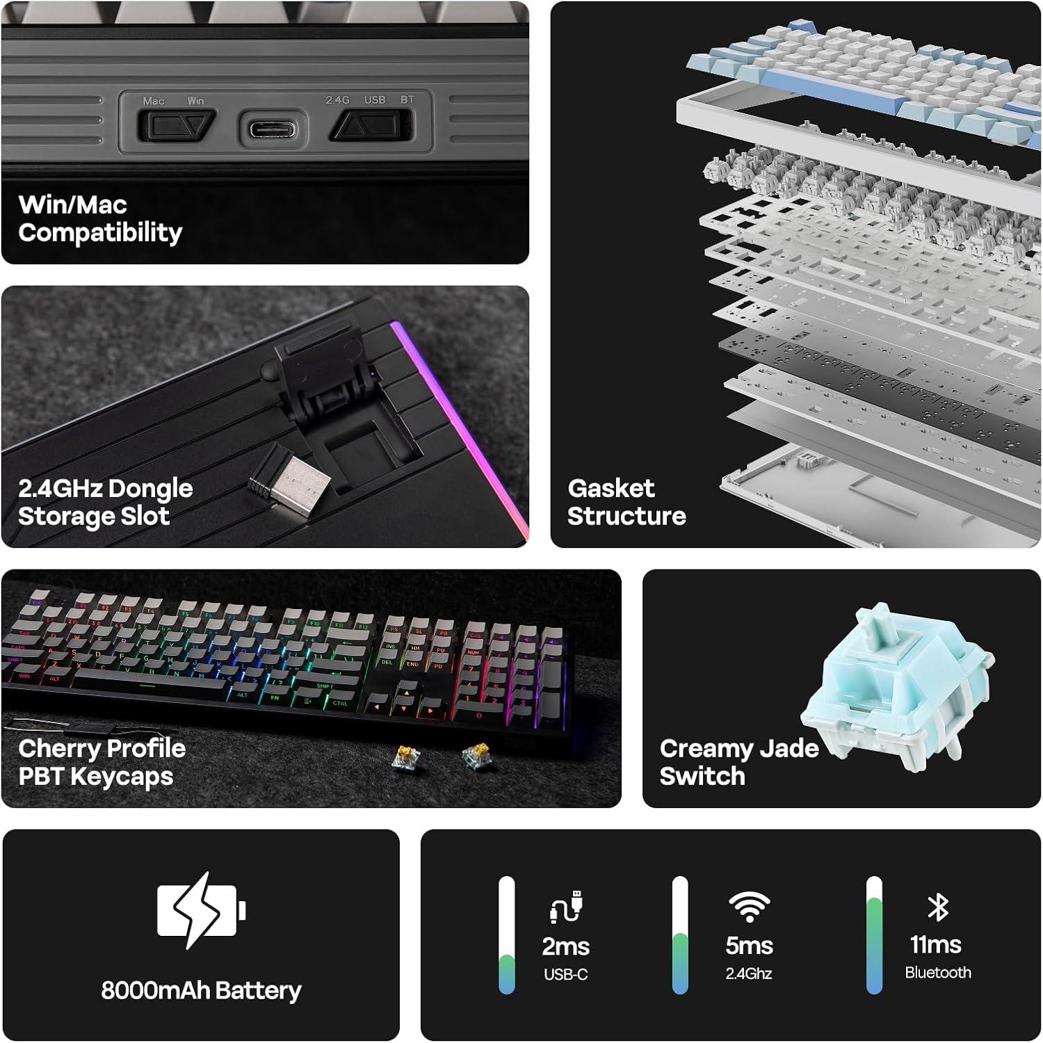 EPOMAKER TH108 Full Size Mechanical Keyboard, Wireless Gaming Keyboard with 8000mAh Battery, Creamy Gasket, 108 Keys, Hot Swap, Custom Driver, RGB Backlight (Black, Creamy Jade)