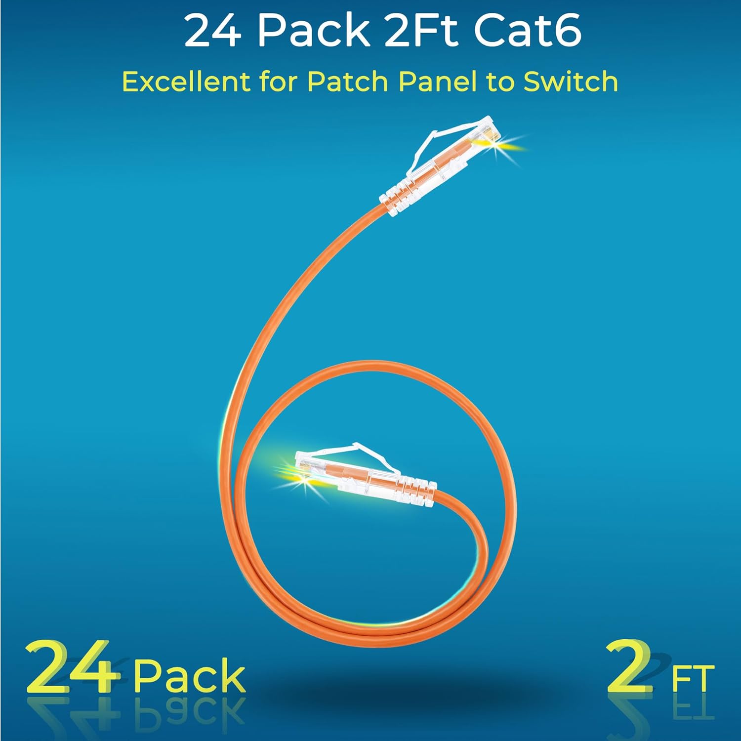 Rapink Slim Cat6/ Cat6a 2ft (24 Pack) Ethernet Patch Cable - 10G Support, Snagless, Flexible Orange
