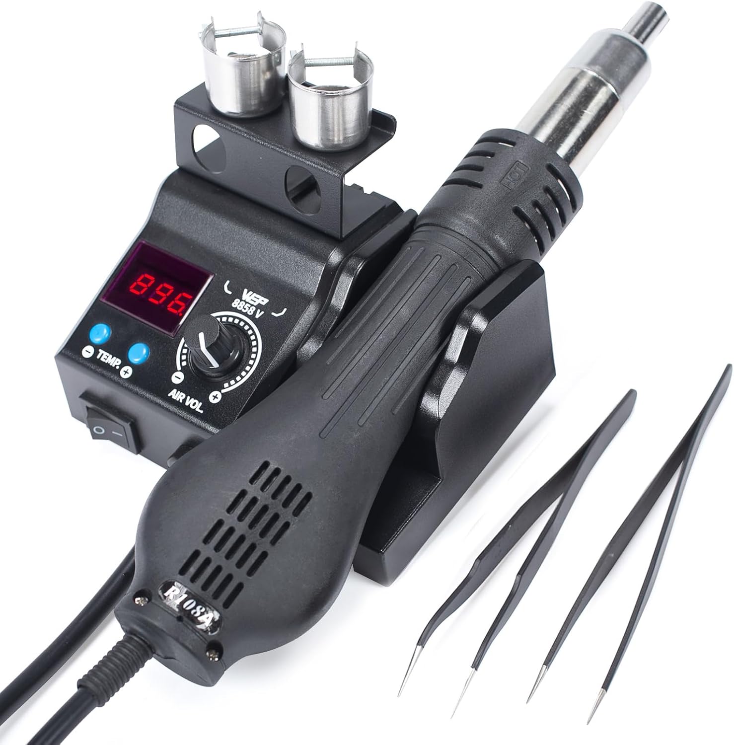 WEP 8858-V Hot Air Rework Station Kit with Compact Size, Integrated Nozzle Holder, 3 Nozzles, 2 Tweezers, Adjustable Temperature& Air Volume, PID Program, °C/°F Conversion and More