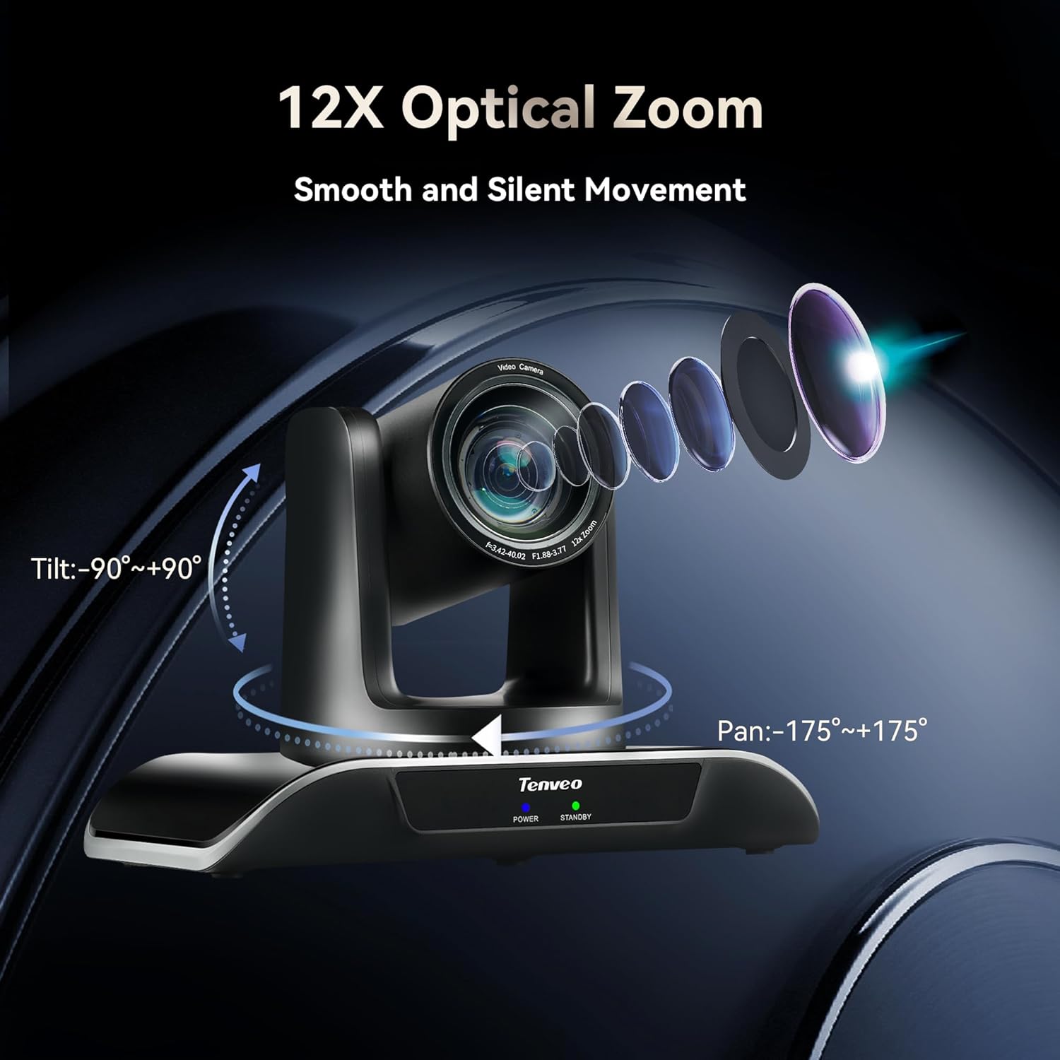 Tenveo 12X Optical Zoom PTZ Conference Camera USB3.0/HDMI 90° Wide View Angle, FHD 1080P 60FPS for Video Conferencing Business Meeting Church Services Worship Education Zoom Teams OBS