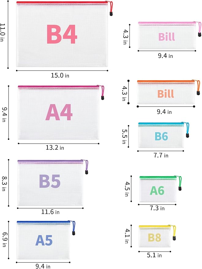 JARLINK 20 Pack 8 Sizes Mesh Pouch, 9 Colors, Waterproof Zipper File Bags - Image 2