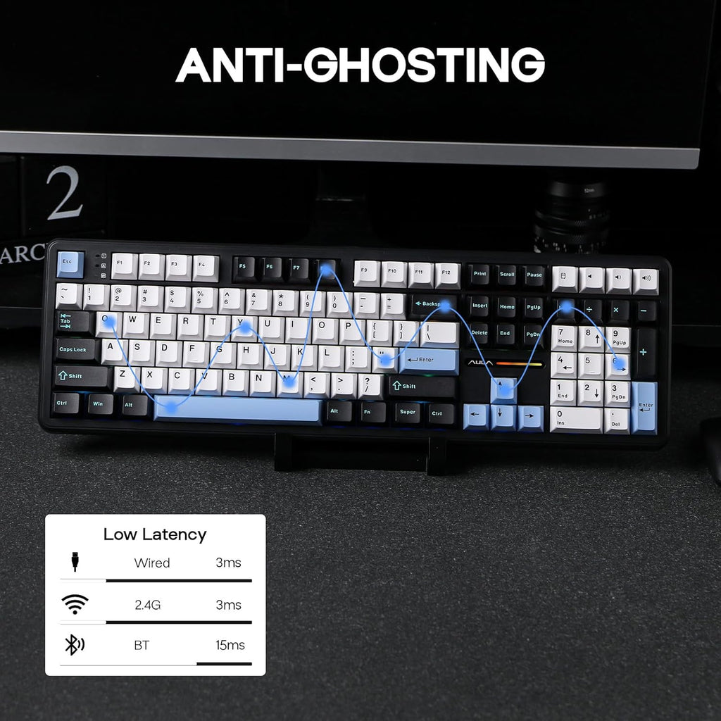 EPOMAKER Aula F108 Wireless Gaming Keyboard, Full Size Mechanical Keyboard with 4000mAh Battery, 108 Hot-Swappable and Programmable Keys, RGB Backlight, for Mac/PC/Android (Blue&White&Black)
