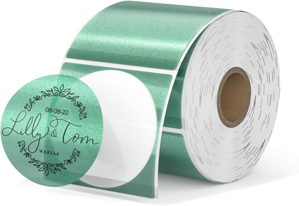 MUNBYN 2 Inch (50.8x50.8mm) Green Transparent Thermal Labels, Round Fine Glitter Printable Thermal Stickers for Small Businesses, 500 Labels/1 Roll