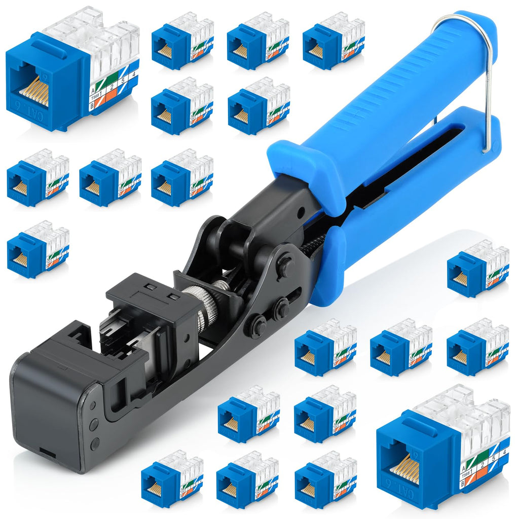 Everest easyJACK - 90° Angled Speed Termination Keystone Tool Set - with 20-Pack of RJ45 Cat6 Keystone Jacks in Blue (Slim Profile Design) - Time Saver Network Punch Down Tool Cat6