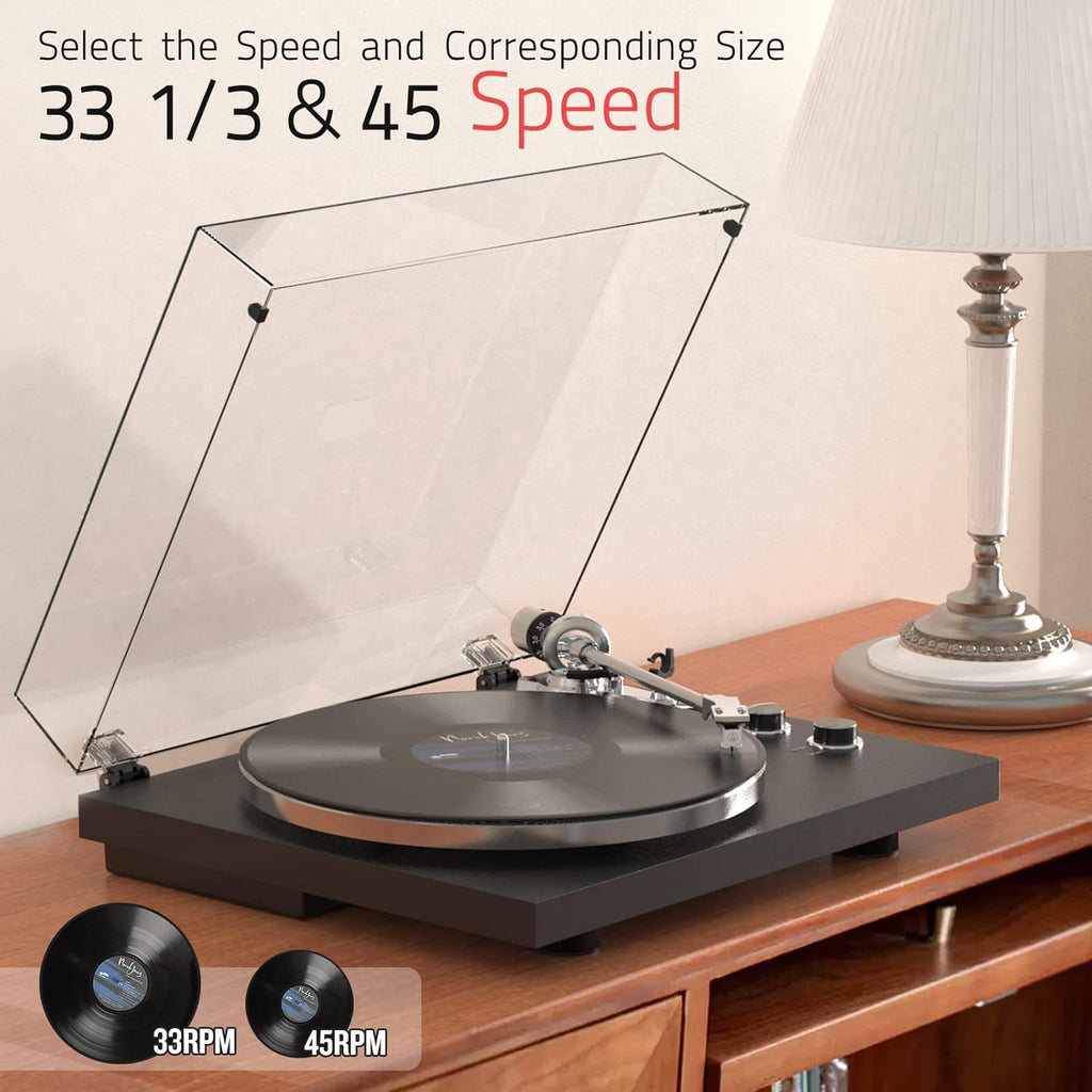 Turntables Belt-Drive Record Player with Wireless Output Connectivity, Vinyl Player Support 33&45 RPM Speed Phono Line USB Digital to PC Recording with Advanced Magnetic Cartridge&Counterweight Black