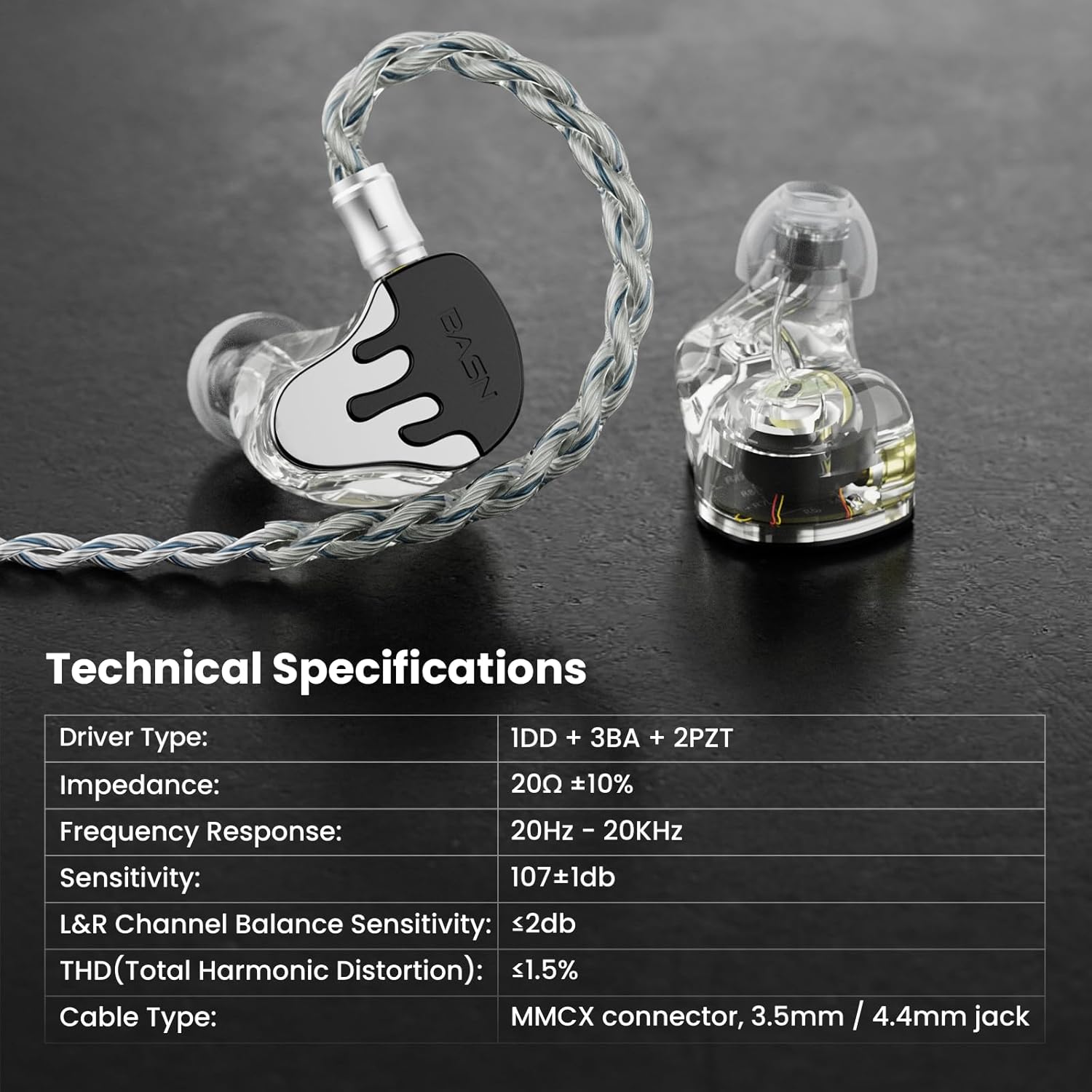 BASN BmasterX in Ear Audio Monitor, Hybrid 6 Drivers IEM Earphones with Crystal Clear Sound, Detachable Cable Plus Carrying Case & Fit Kit for Musician, Stage, Studio (3.5mm/4.4mm Jack, Black/White)