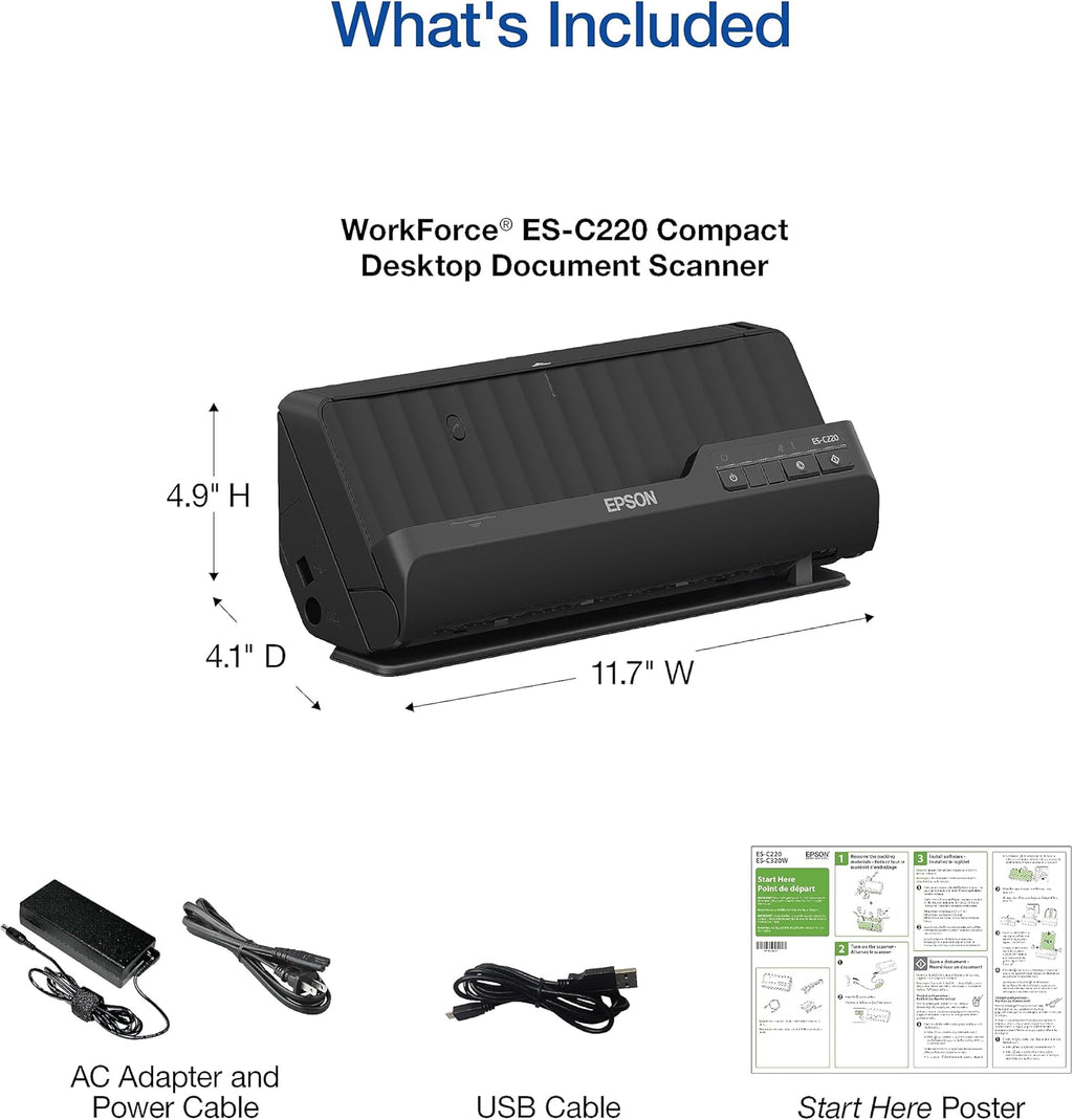 Epson Workforce ES-C220 Compact Desktop Document Scanner with 2-Sided Scanning and Auto Document Feeder (ADF) for PC and Mac