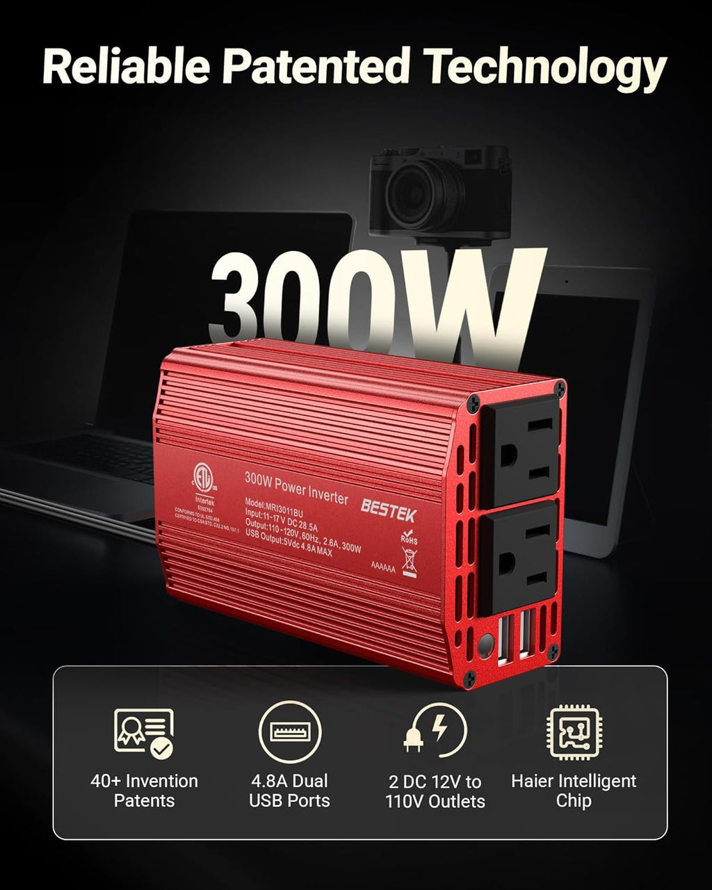 BESTEK Power Inverter DC 12V to AC 110V - 300W Car Plug Adapter Outlet with 4.8A Dual USB Fast Charging Port - Car Charger Cigarette Lighter Adapter for Phone, Laptop on Road Trip - Aluminum Housing