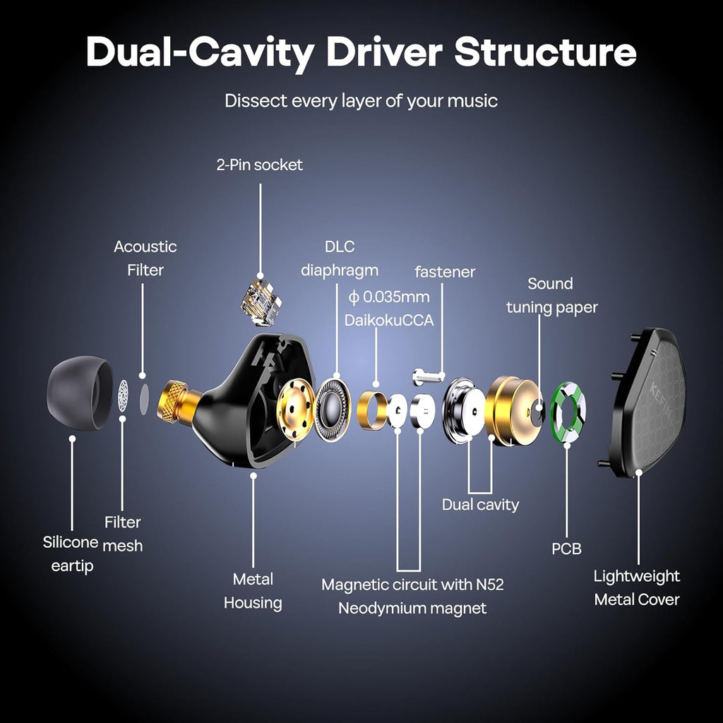 Linsoul Kefine Klean in Ear Monitor,10mm DLC Diaphragm Dynamic Driver HiFi Earphones,Wired Gaming Earbuds,Replaceable Nozzles,Detachable Silver-Plated Cable for Audiophile (No Mic 3.5mm, Black)
