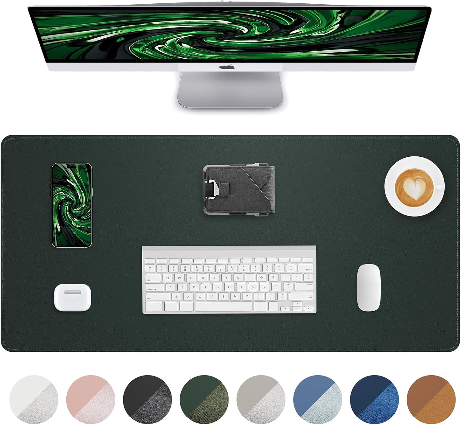 Leather Desk Pad Protector, Green Office Mat, Non-Slip PU Leather Blotter, Laptop Desk Pad, Waterproof Writing Pad (Dark Green, 31.5" x 15.7")