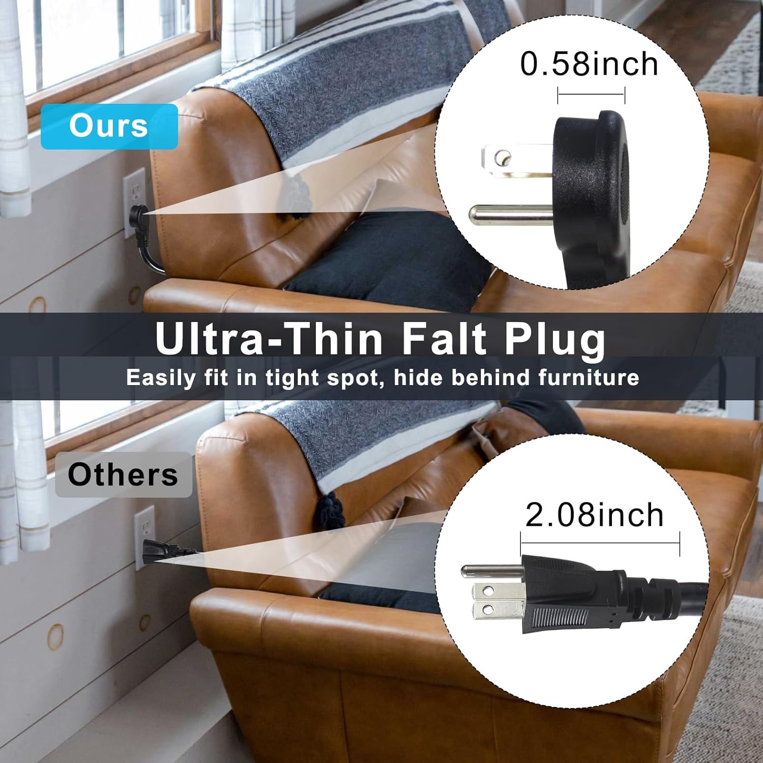 Power Extension Cord Y Splitter - 1FT Right Angled Type Flat Plug NEMA 5-15P 1 to 2 Way Outlet NEMA 5-15R SJT 16AWG 3 Prong Low Profile Black AC Power Cable Wire Extender for Home Office (2-Pack)