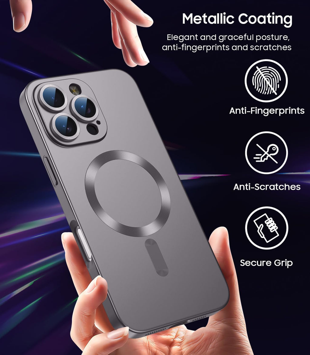 Magnetic for iPhone 16 Pro Max Case [Compatible with MagSafe][Built-in Camera Lens Protector] Slim Soft Silicone Bumper Shockproof Metallic Phone Shell (Titanium Gray)