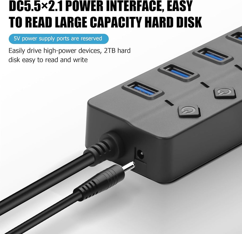 90 Degree USB Hub Splitter YACSEJAO USB 2.0 Data Hub with Individual LED Button On/Off Switch DC5.5 * 2.1 Power Port for Laptop,PC Computer (4 Ports, 0.3M)