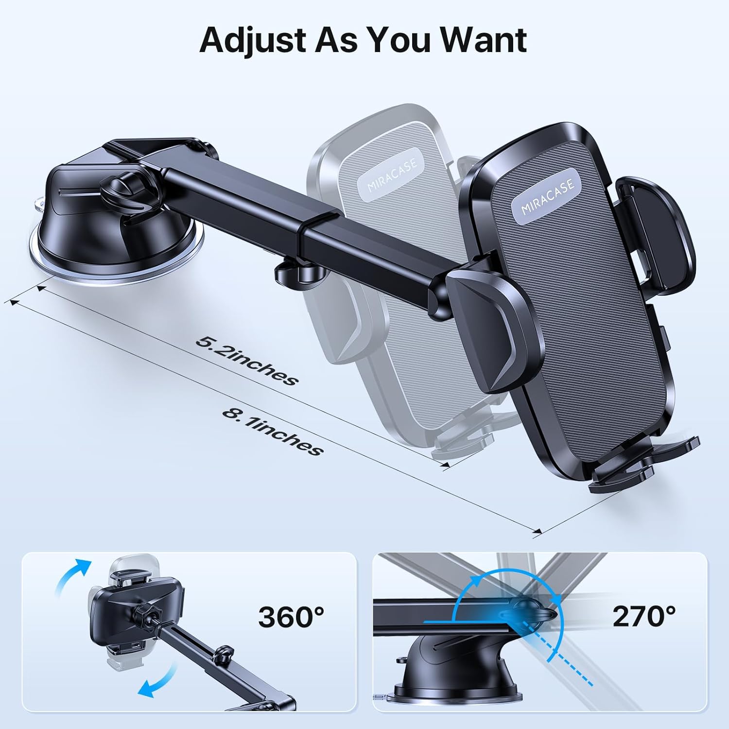 Miracase Phone Holders for Your Car, [Thick Case & Heavy Phone Friendly] Universal Cell Phone Car Mount, 3-in-1 Phone Mount for Car Dashboard Windshield Air Vent Fit for All Smartphones