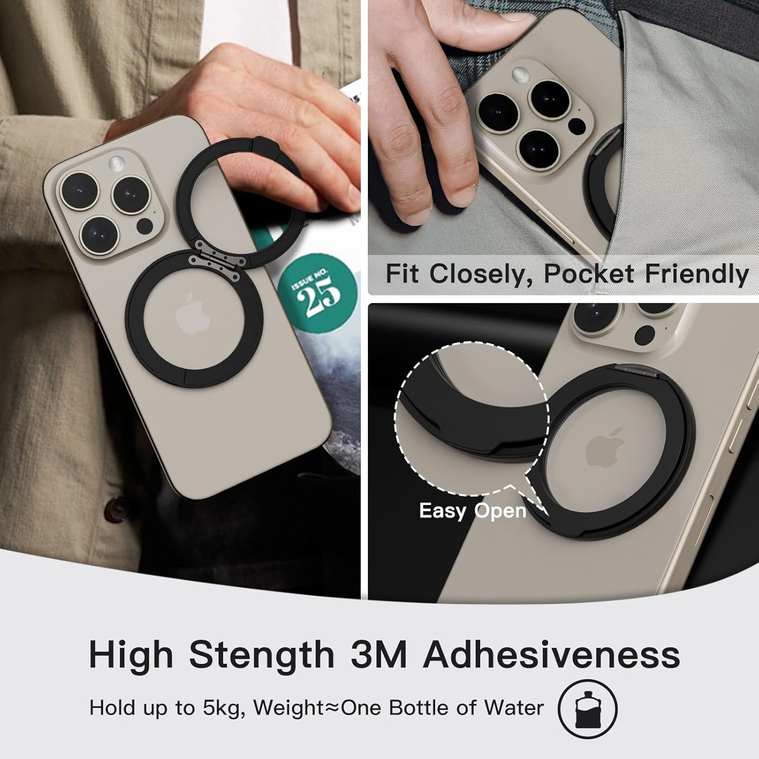COOLQO 2Pcs 360 Spin Cell Grip Ring Phone Stand [Upgrade Gear Hinge Stress Anxiety Relief] Magnetic Holders for Your car Accessories Desk Mount Compatible with iPhone All Smartphones, Black