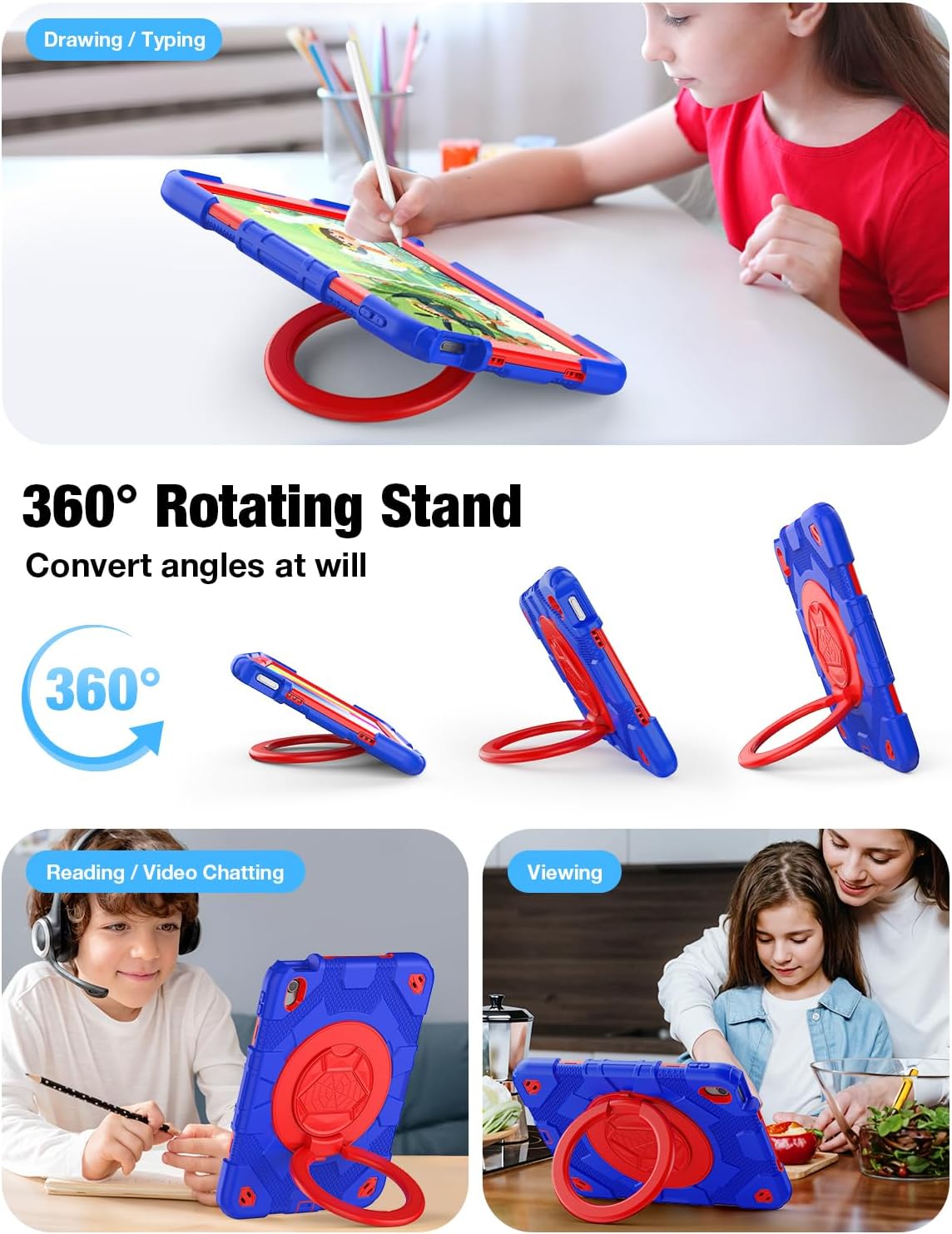 SCSVPN for iPad (A16) 11th/10th Generation Case 11 inch 2025/10.9 inch 2022, Rugged Shockproof Protective Silicone Case for Kids with Pencil Holder, Rotate Stand & Handle, Shoulder Strap - Blue/Red