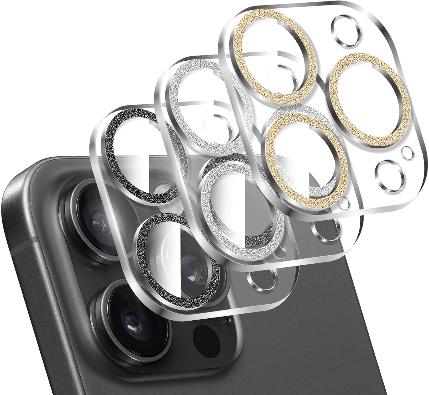 LucBuy 3PCS Sparkling Camera Lens Protector for iPhone 16 Pro/iPhone 16 Pro Max, Full Clear Acrylic Cover with Shiny Colorful Glitter Decoration Back Camera Protector