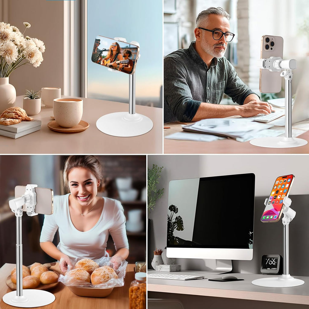 Adjustable Phone Stand for Desk with Clip Mount Live Streaming: 360° Rotatable Overhead Shot Holder with Sturdy Metal Base, Compatible with TikTok, YouTube, Zoom Video Recording (White)