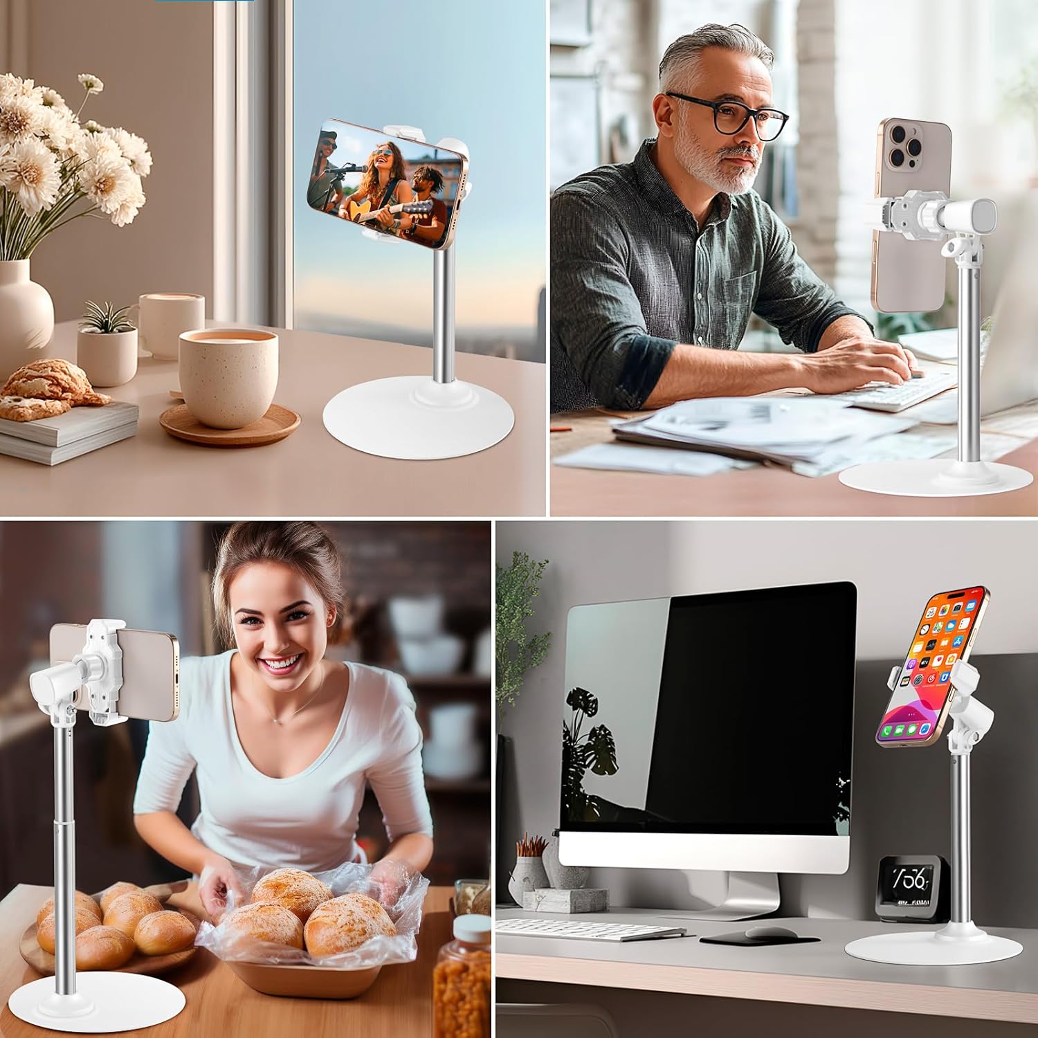 Adjustable Phone Stand for Desk with Clip Mount Live Streaming: 360° Rotatable Overhead Shot Holder with Sturdy Metal Base, Compatible with TikTok, YouTube, Zoom Video Recording (White)