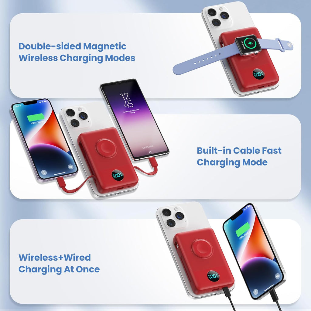 Magnetic Portable Charger for iPhone with Built-in Cables, 6-in-1 10800mAh Power Bank with iWatch Charger & LCD Display,25W Fast Charging Battery Pack for iPhone 16/15/14/13/12,Apple Watch (Red)
