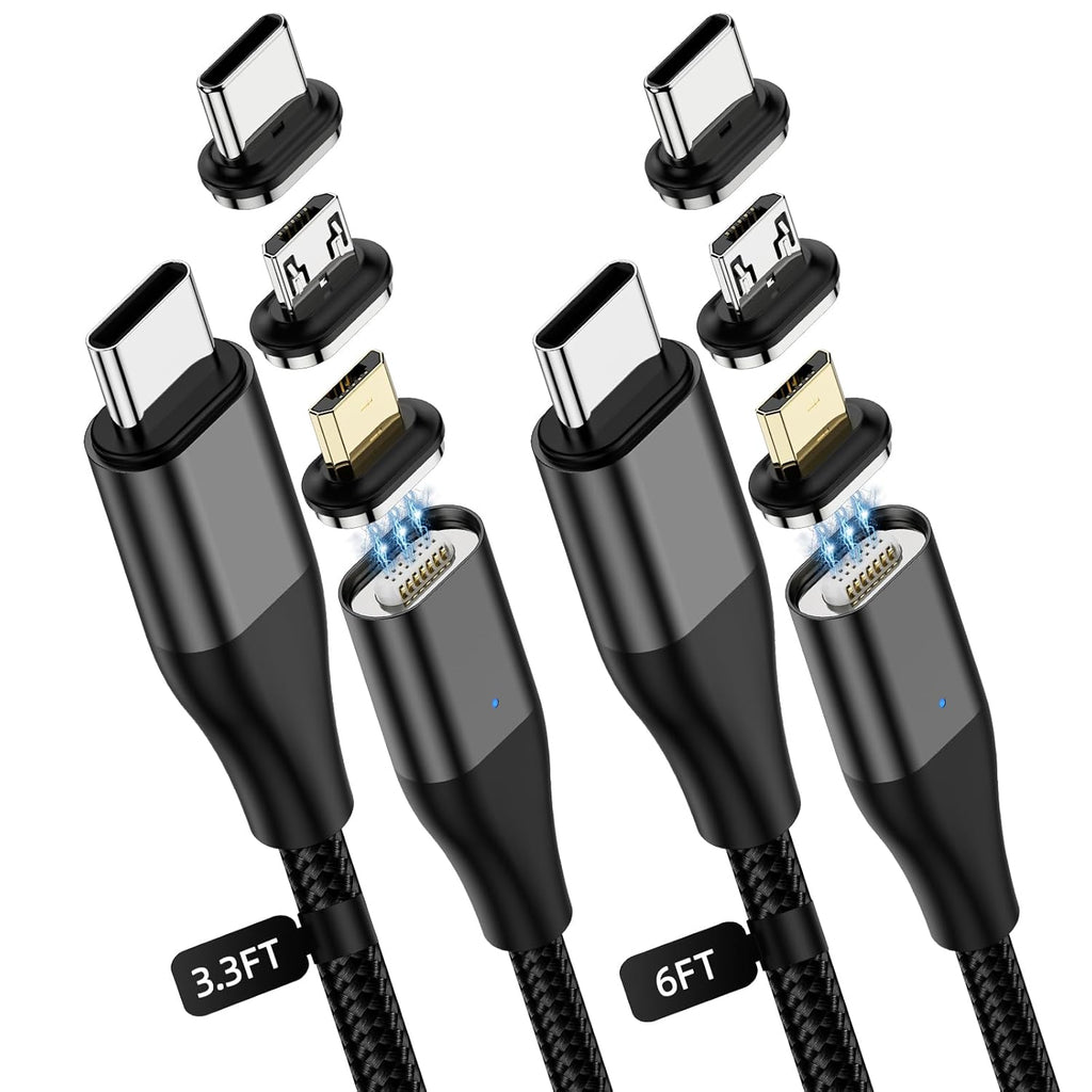 YKZ 3 in 1 Magnetic USB C to C Cable, Magnet Charging Cable, [3.3FT+6.0FT] PD 60W Fast Charger Nylon Braided Cord Compatible with Type C and Android Devices (Black)
