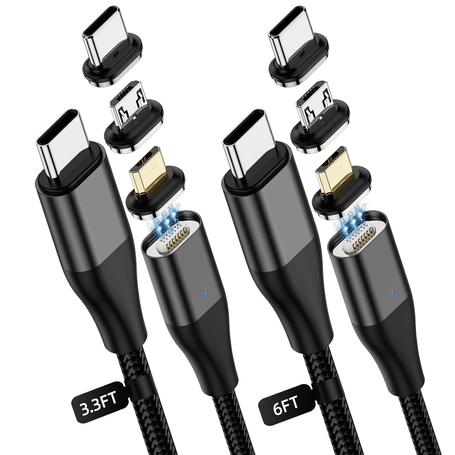 YKZ 3 in 1 Magnetic USB C to C Cable, Magnet Charging Cable, [3.3FT+6.0FT] PD 60W Fast Charger Nylon Braided Cord Compatible with Type C and Android Devices (Black)