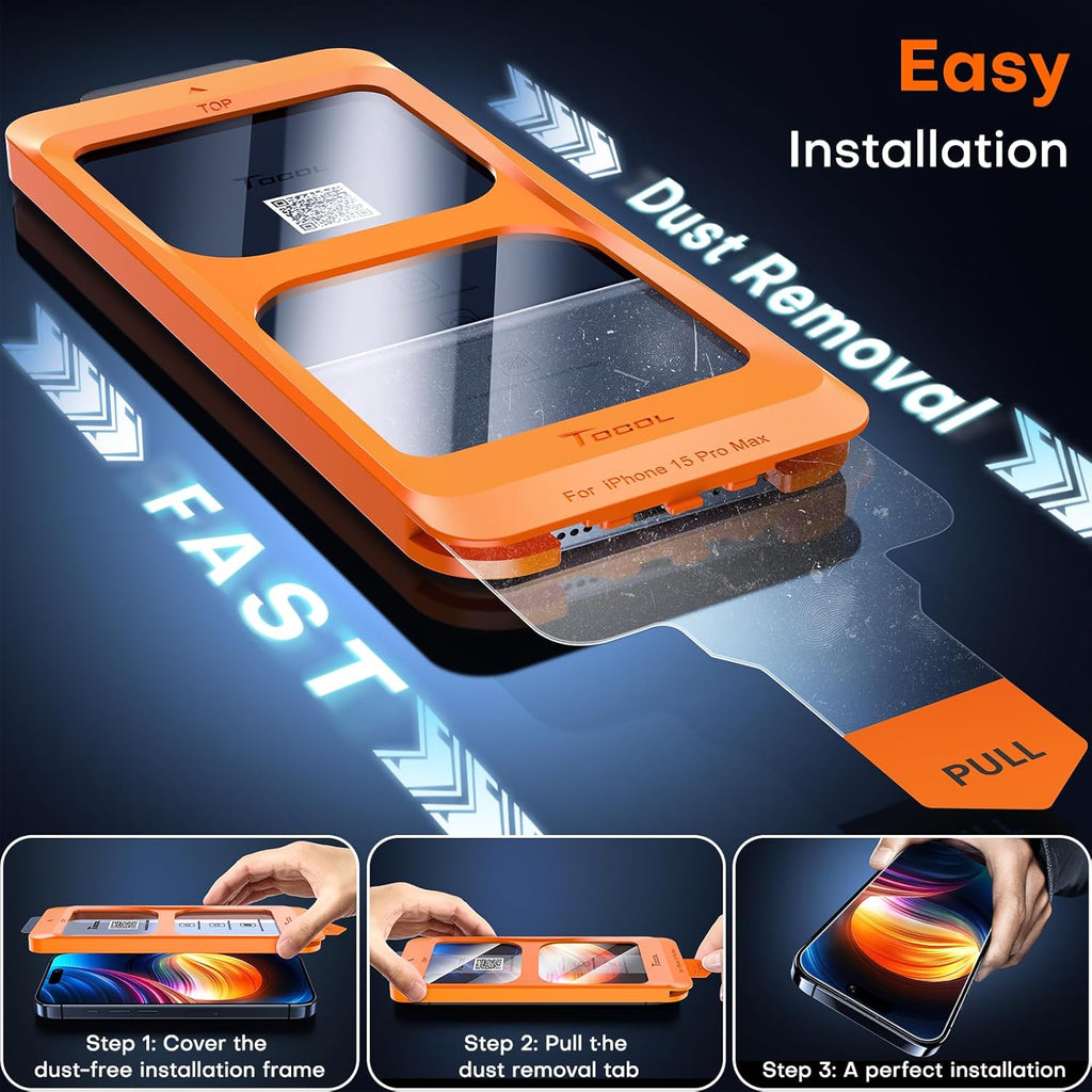 TOCOL for iPhone 15 Pro Max Screen Protector 9H Hardness Military Grade Shatterproof HD Tempered Glass for Full Coverage Easy Installation 2 Pack