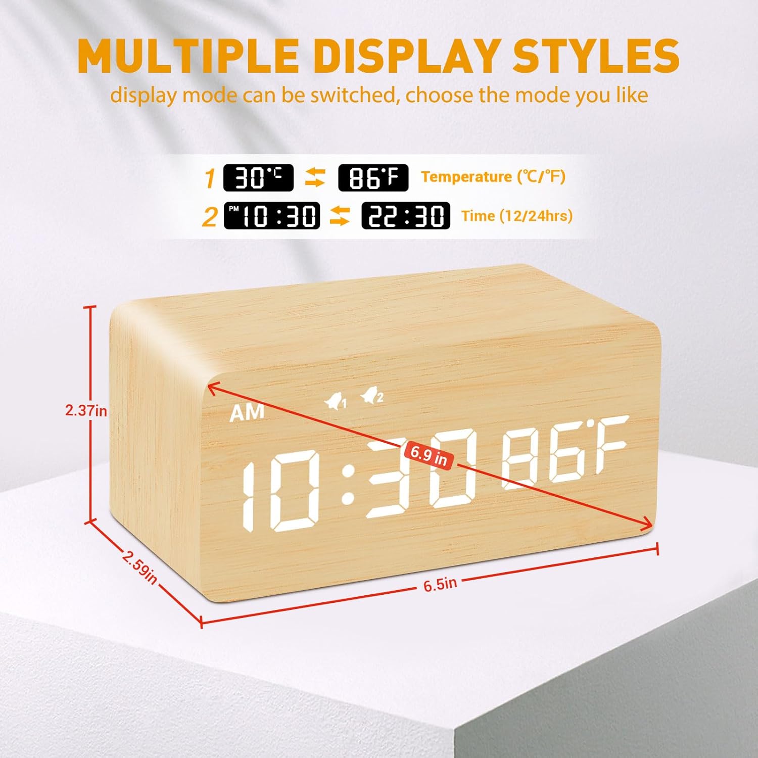 MOSITO Digital Wooden Alarm Clock with Wireless Charging, 0-100% Dimmer, Dual Alarm, Weekday/Weekend Mode, Snooze, Wood LED Clocks for Bedroom, Bedside, Desk, Kids (Bamboo)