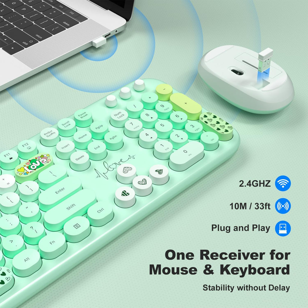 KNOWSQT Wireless Keyboard and Mouse Combo - Lovely Green Rainbow Full-Sized Typewriter Colorful Keyboards, Round Keycap USB Plug Play Retro Cute Keyboards for Windows, Laptop, PC, Desktop, Computer