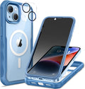 seacosmo for iPhone 14 Case, Full Body Bumper with Built-in 9H Tempered Glass Privacy Screen and Camera Lens Protector, Compatible with MagSafe, Shockproof 14 Phone Case, 6.1", Blue