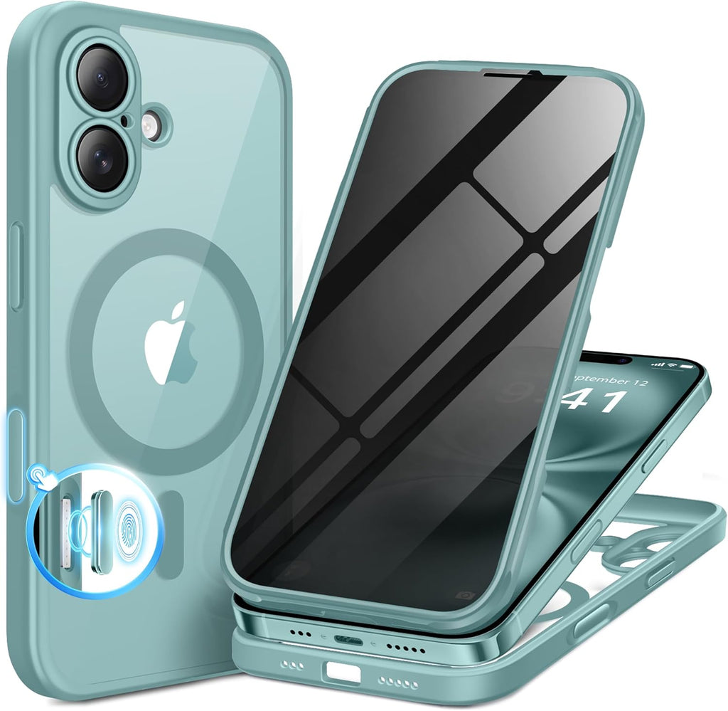 BERFY Magnetic for iPhone 16 Case, Compatible with MagSafe, Built-in Privacy Screen Protector and Upgraded Camera Protection, Anti-Spy Full Body Shockproof Phone Case for 16 6.1", Green