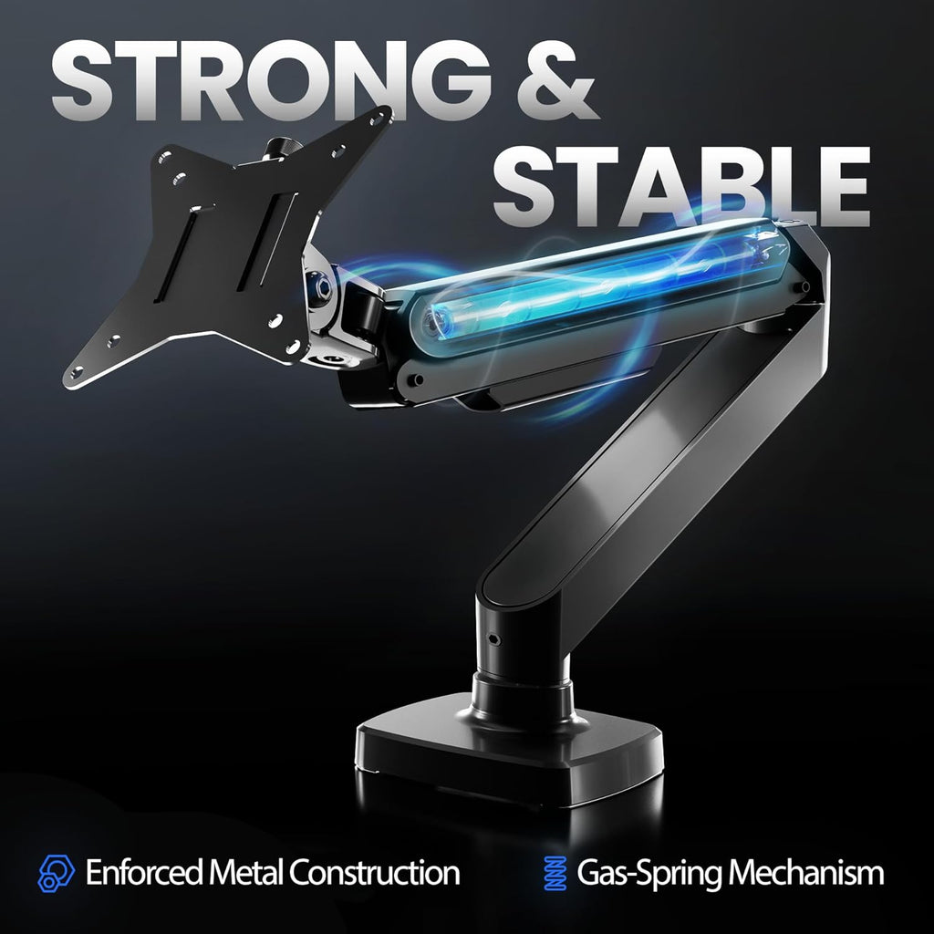 EVEO Premium Single Monitor Arm 14"–34", Adjustable Gas Spring Monitor Mount, Single Arm Desk Mount for 34 Inch Computer Screens, VESA Compatible Stand with Clamp and Grommet Base – Black