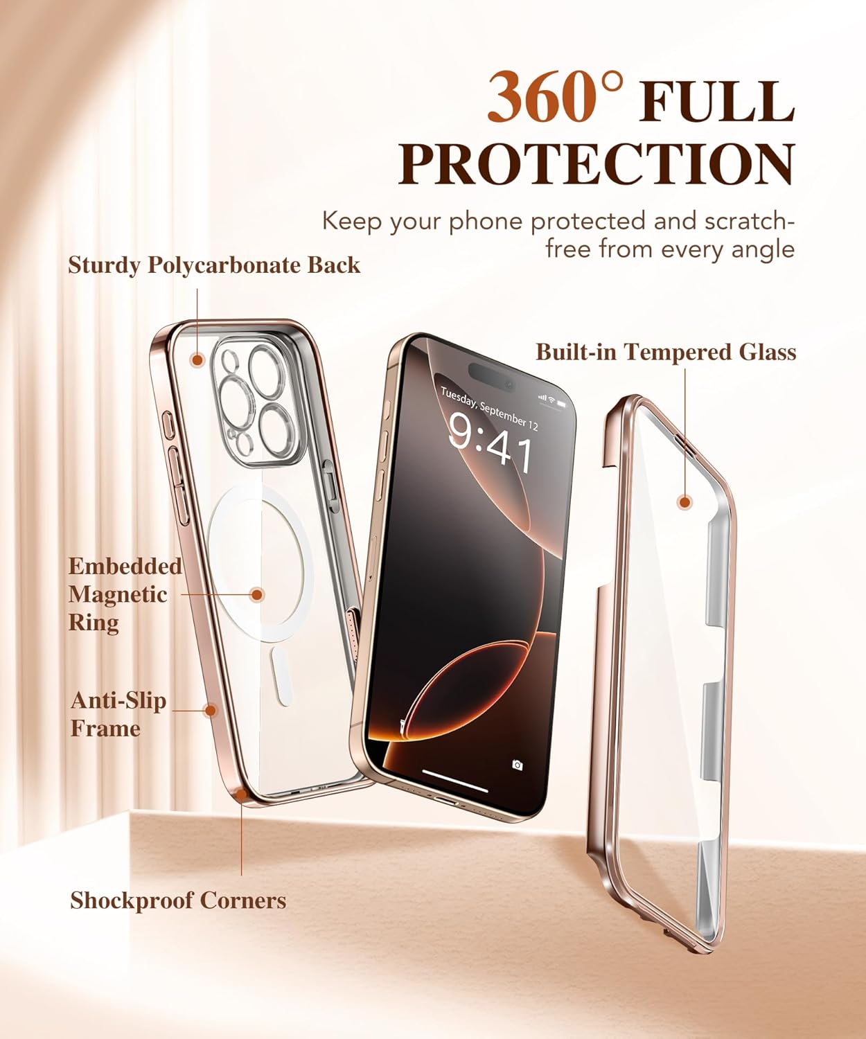 BERFY Magnetic for iPhone 16 Pro Case, Compatible with Magsafe, Built-in 9H Tempered Glass Screen Protector & Upgraded Camera Protection, Full-Body Plating Phone Case for 16 Pro 6.3", Desert Gold