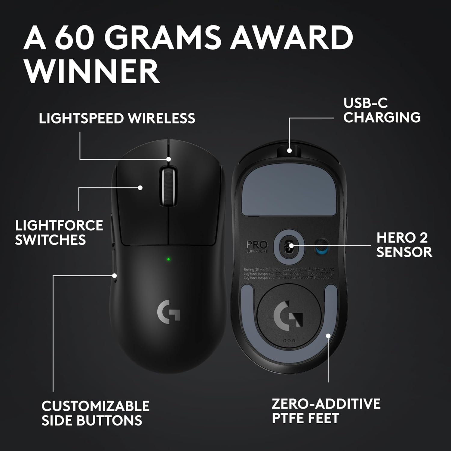 Logitech G PRO X SUPERLIGHT 2 Wireless Gaming Mouse, 60g Pro-Grade with 5 Programmable Buttons, 44k DPI Sensor, 8kHz Report Rate, USB-C Charging for PC/Mac - Black