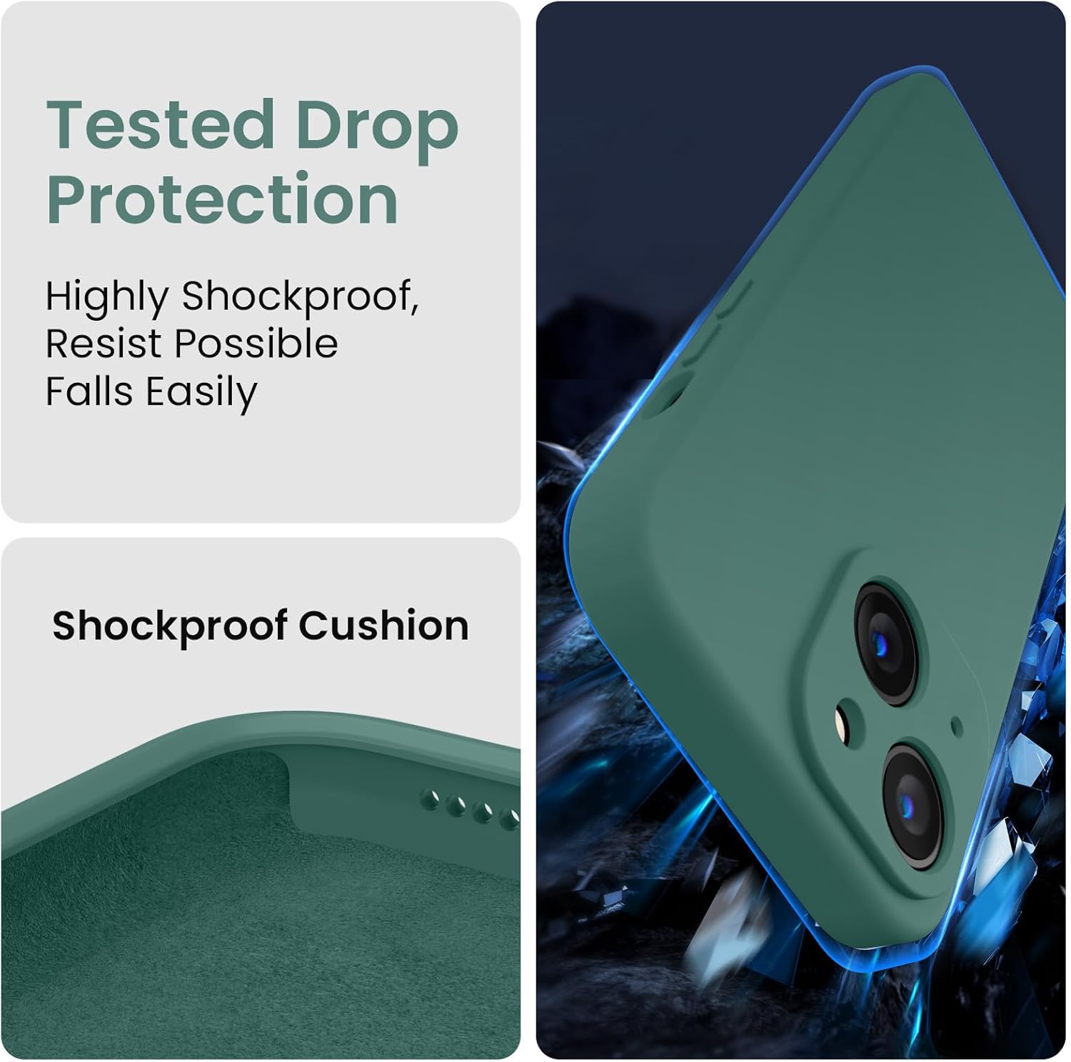 FireNova Designed for iPhone 15 Case, Silicone Upgraded [Camera Protection] Phone Case with [2 Screen Protectors], Soft Anti-Scratch Microfiber Lining Inside, 6.1 inch, Midnight Green