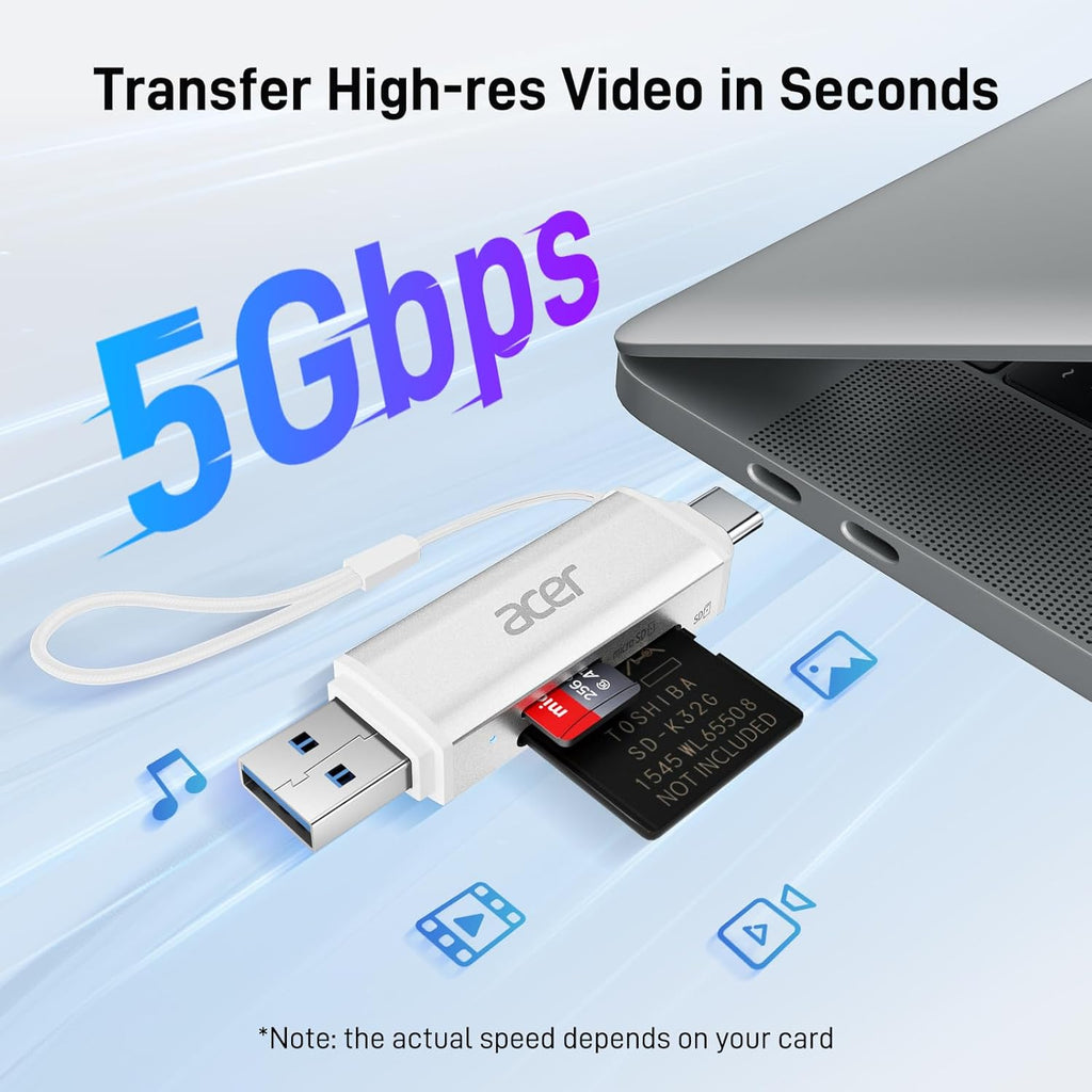 acer SD Card Reader USB C, Dual Slots USB 3.0 Type C to Micro SD Card Adapter, Memory Card Reader for MicroSD, SDHC, SDXC, Compatible with Laptop, PC, iPhone16/15, MacBook, iPad Pro, Android-Silver