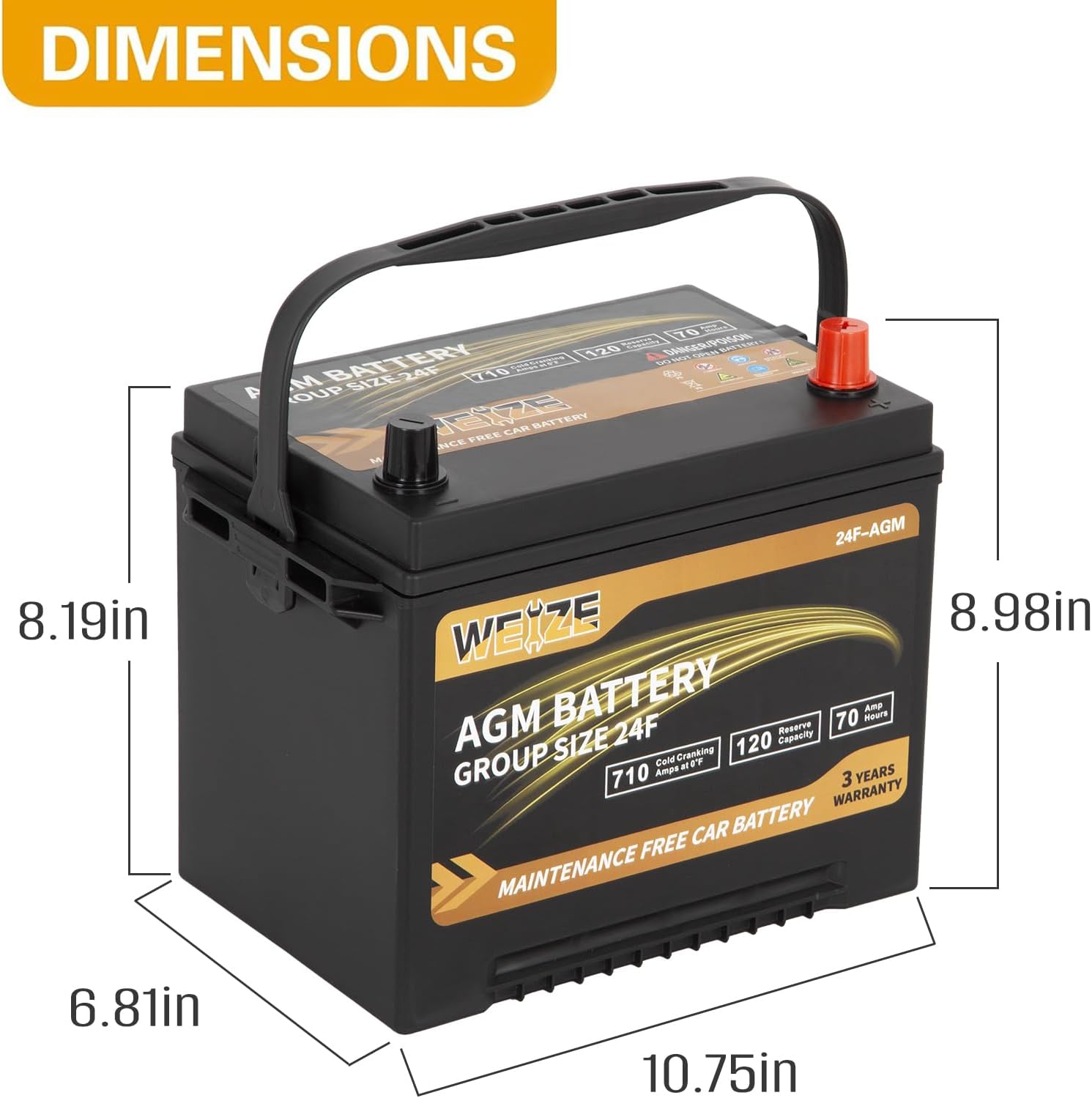 Weize Platinum AGM Battery BCI Group 24F Automotive Battery, 120RC, 710CCA, 36 Months Warranty, Dimensions 10.75" L x 6.81" W x 8.98" H