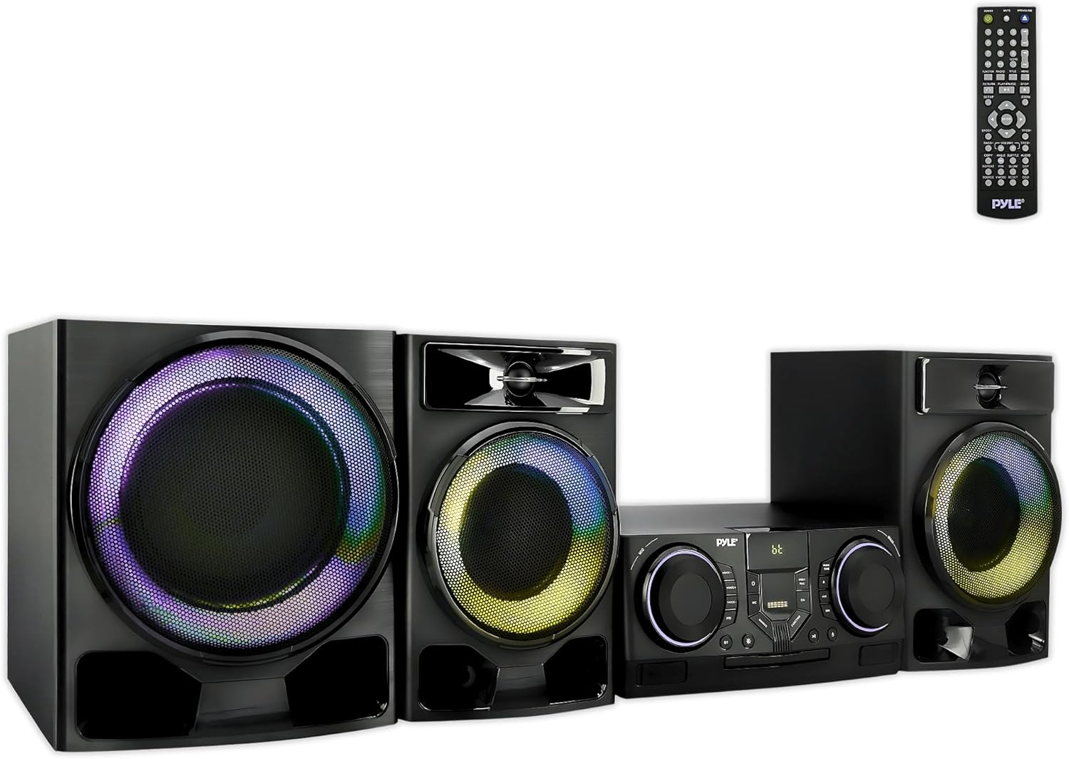 Pyle Mini Hi-Fi Bluetooth Stereo System – 4-Piece CD Player with Speakers, MP3, FM Radio, USB Recording, Subwoofer, DSP-Tech, Equalizer Settings, Compact Home Stereo System with Remote Control (Black)