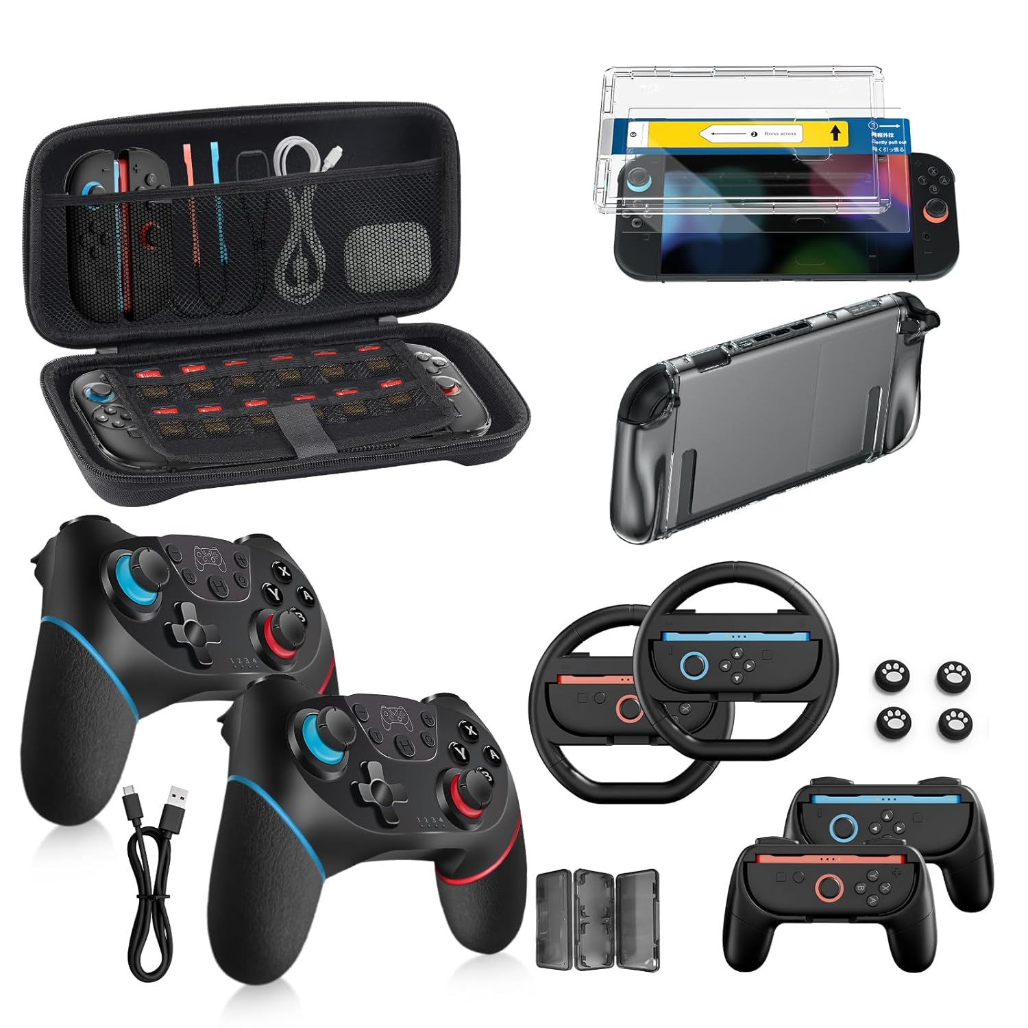 Switch 2 Accessories Bundle for Nintendo 17-in-1: 2 Pro Controllers, Dockable Carrying Case, Screen Protector, Thumb Grip for Joycon Console Protective Cover Shell Steering Wheel 2025 Switch2 Game Kit