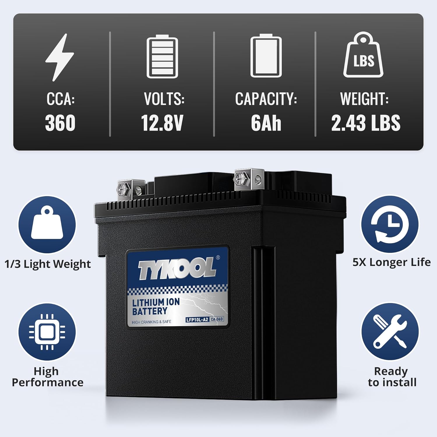TYKOOL YB10L-A2 Lithium LiFePO4 Motorcycle Battery, 12.8V 6Ah, 360CCA, Built in BMS, Powersports Battery, for ATV, UTV, Jet Ski, Personal Watercraft, Snowmobile, Quad, Riding Lawn Mower, Tractor