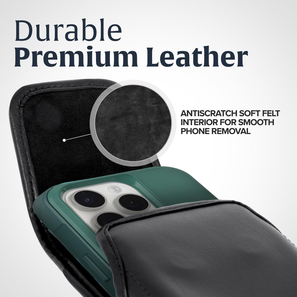 Turtleback Belt Clip for iPhone 16 Pro Max, 15 Pro Max, 14 Pro Max -Medium- Fits w/Shockproof Commuter Style Cases, Premium Black Leather Vertical Belt Holder, Magnetic Closure HD Rotating Clip