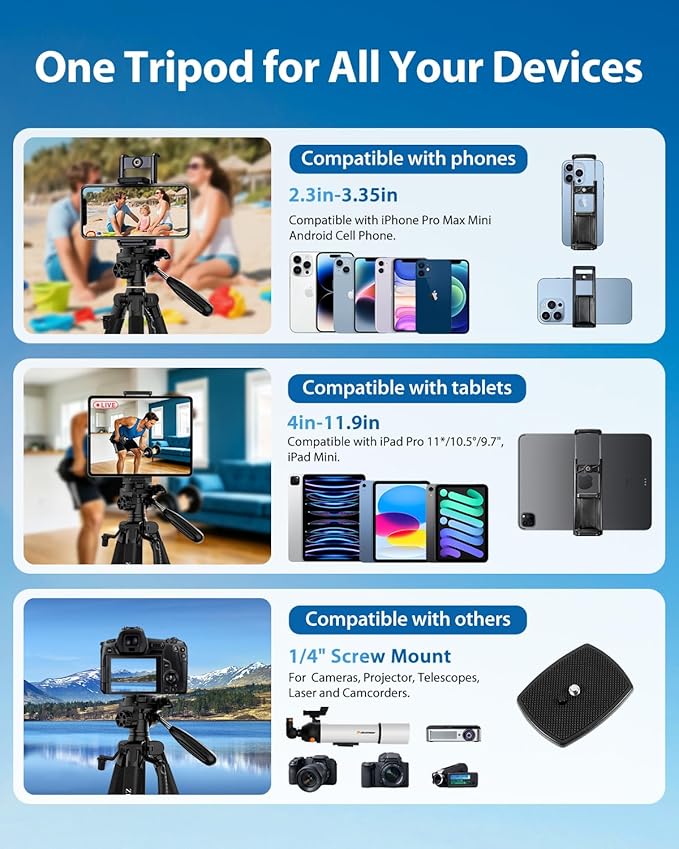 75" Camera Tripod, Aluminum Heavy Duty Camera Stand - Image 5