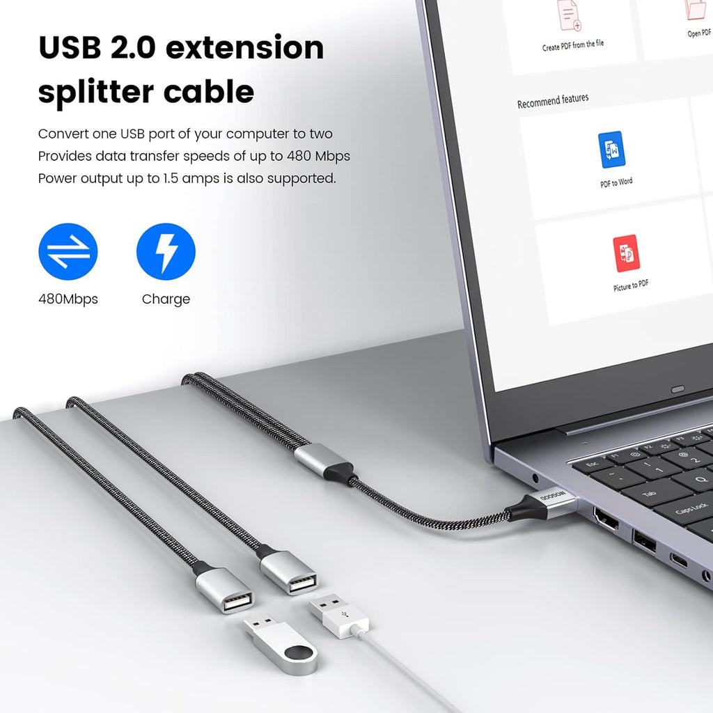 Durable USB A Male to 2 Female Extension Cord - Nylon Braided Splitter Cable for Printer, Keyboard, Flash Drive, Hard Drive, PlayStation