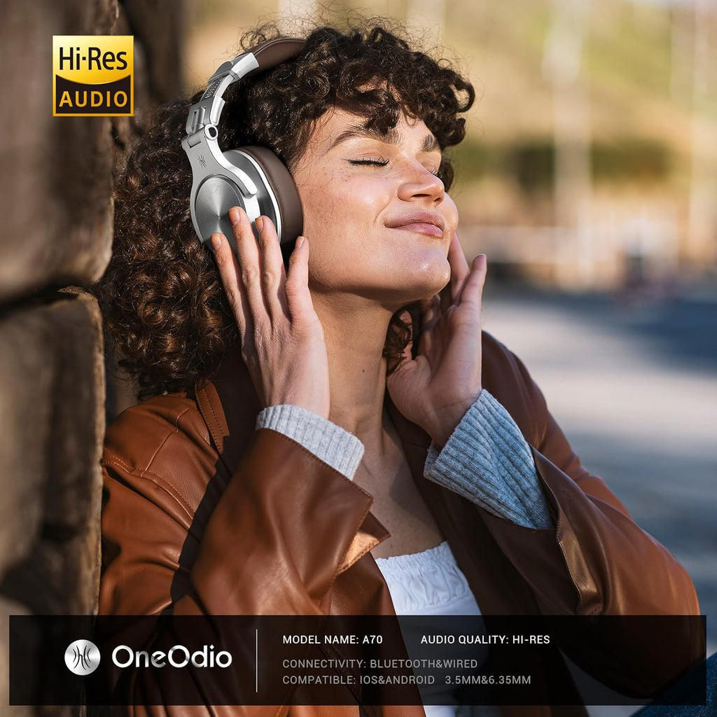 OneOdio A70 Bluetooth Over Ear Headphones, Wireless Headphones w/ 72H Playtime, Hi-Res, 3.5mm/6.35mm Wired Audio Jack for Studio Monitor & Mixing DJ E-Guitar AMP, Computer Laptop PC Tablet - Silver
