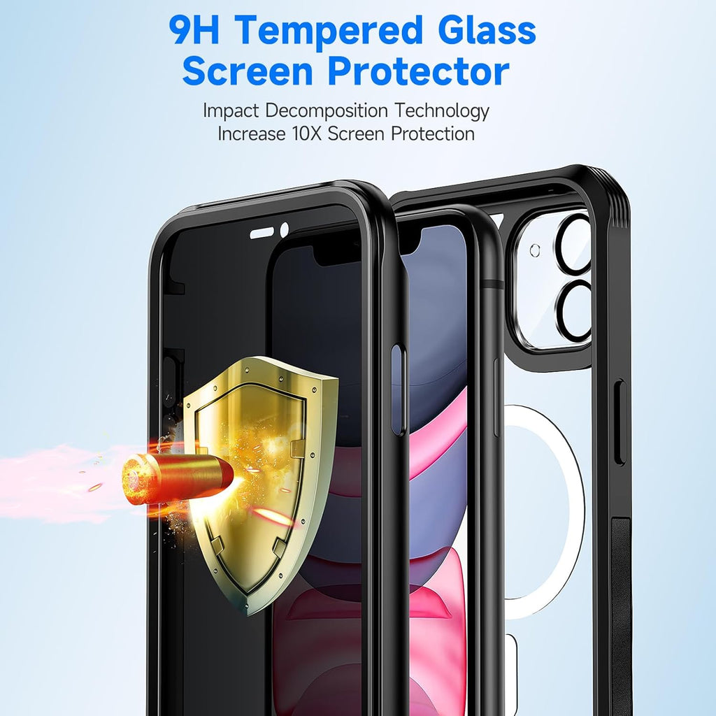 seacosmo for iPhone 11 Case, Full Body Bumper with Built-in 9H Tempered Glass Privacy Screen Protector and Camera Lens Protector, Compatible with MagSafe, Shockproof 11 Phone Case, 6.1", Black