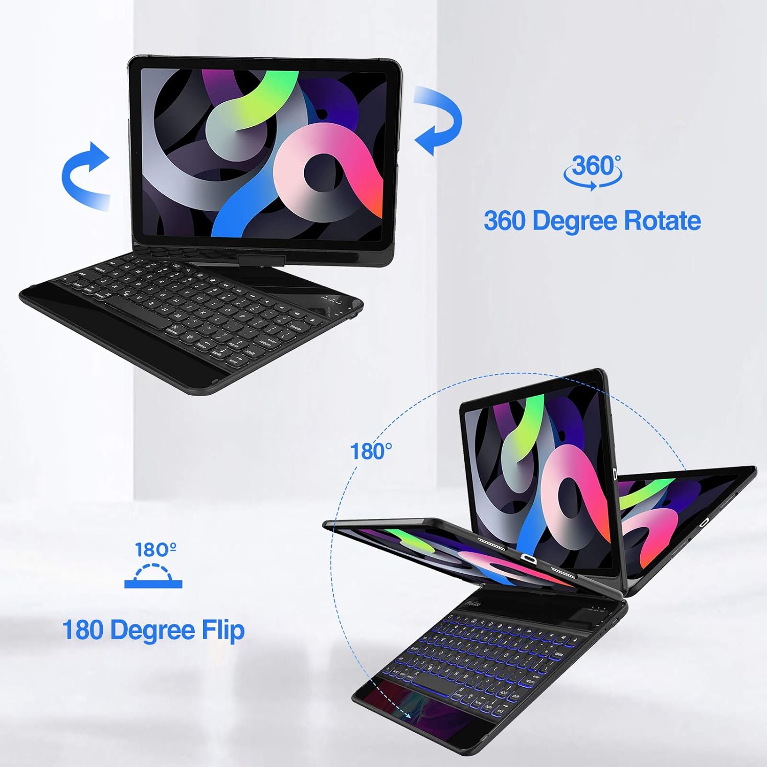 ProCase 360° Rotation Keyboard Case for iPad Air 11" (M3/M2) 2025/2024/Air 5th/4th 10.9" 2022 2020/ iPad Pro 11" 2022 2021 2020 2018, Wireless Keyboard with 7 Colors Backlit, Auto Sleep/Wake -Black