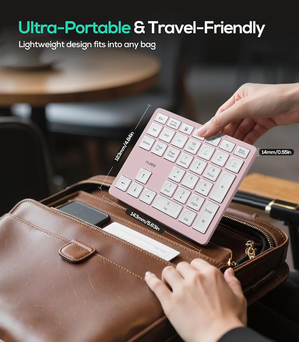 Nulea Wireless Number Pad Bluetooth 5.0 & 2.4G Portable Numeric Keyboard, USB-C Rechargeable, 34-Keys Bluetooth Keyboard for Data Entry (Pink)
